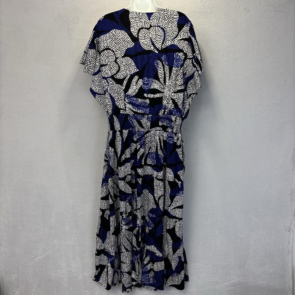 Chico's 3 Flutter Sleeve Maxi Fit Flare Dress Womens 16 Black Blue Floral Lined - Picture 2 of 15